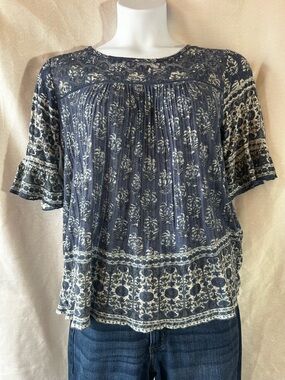 Lucky Brand Navy and Cream Floral Boho Jersey Top